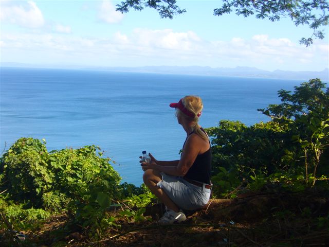 Promotional photo of a woman sitting and looking out over Savusavu bay