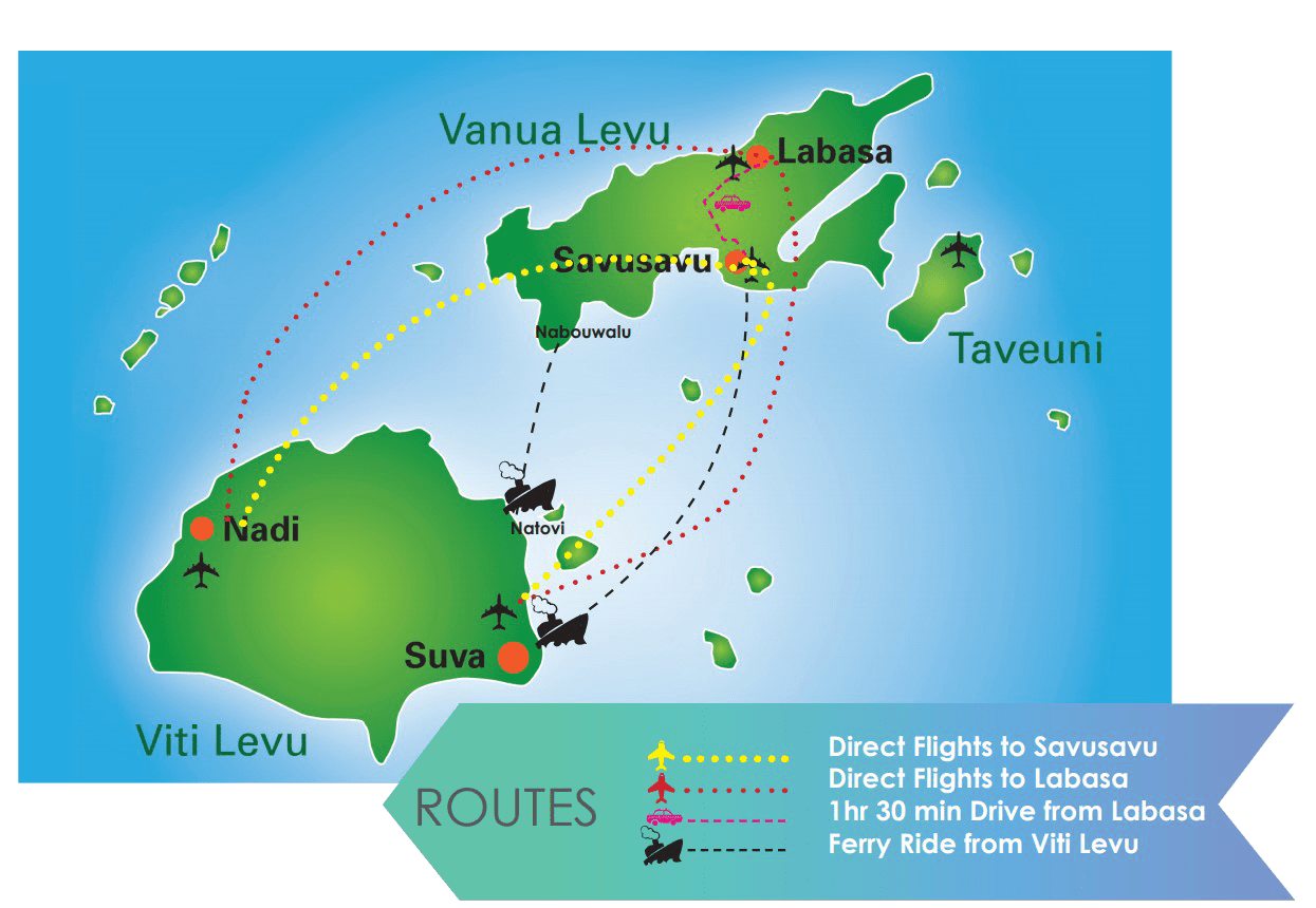 A map showing various travel routes around Fiji.