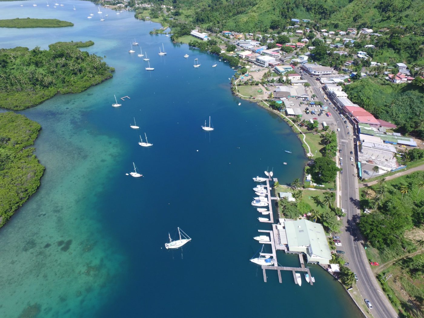 An aerial image of Savusavu town and harbour.